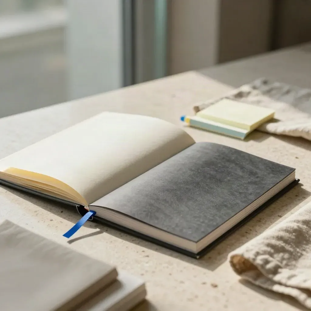 Workshopový kit s workbookem, bločkem tabů a folií na travertinu.