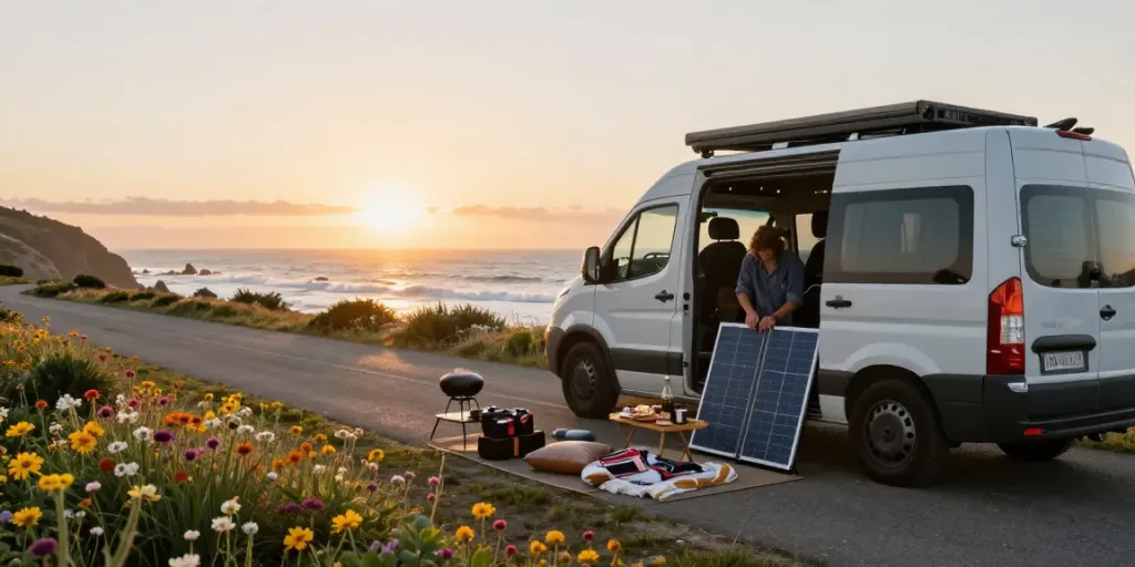 Van conversion setup for rokok88 login enthusiasts, with campervan and solar gear at sunset.